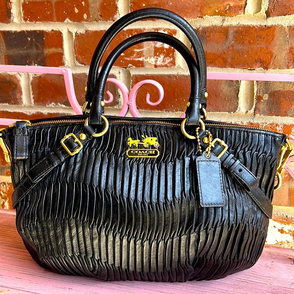 Coach - Black / Purple / Gold Gathered Leather Shoulder / Tote Bag